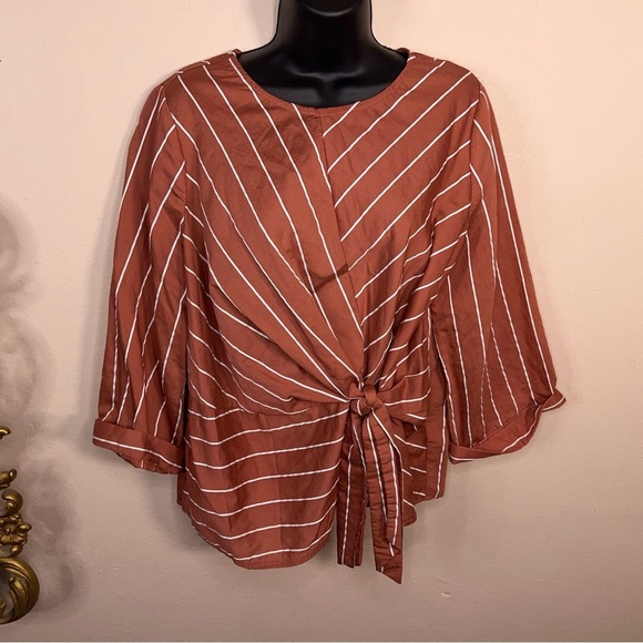Medium Sweet Claire Salmon Mauve White Striped Top 3/4 Sleeve Textured - Picture 4 of 15